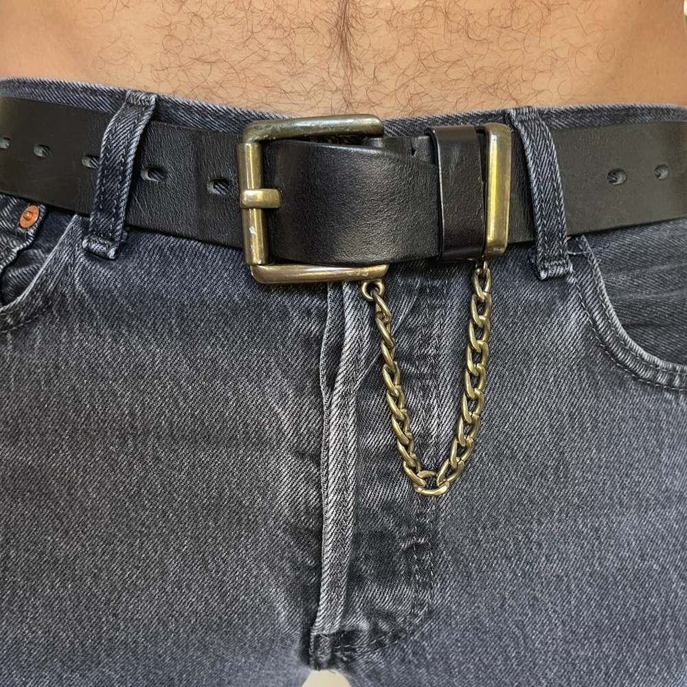 Men's Black Leather Belt with Chain Made in Italy